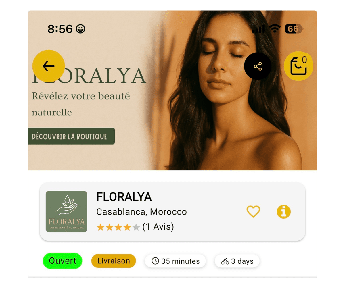 FLORALYA brand page showing a woman and the brand logo.