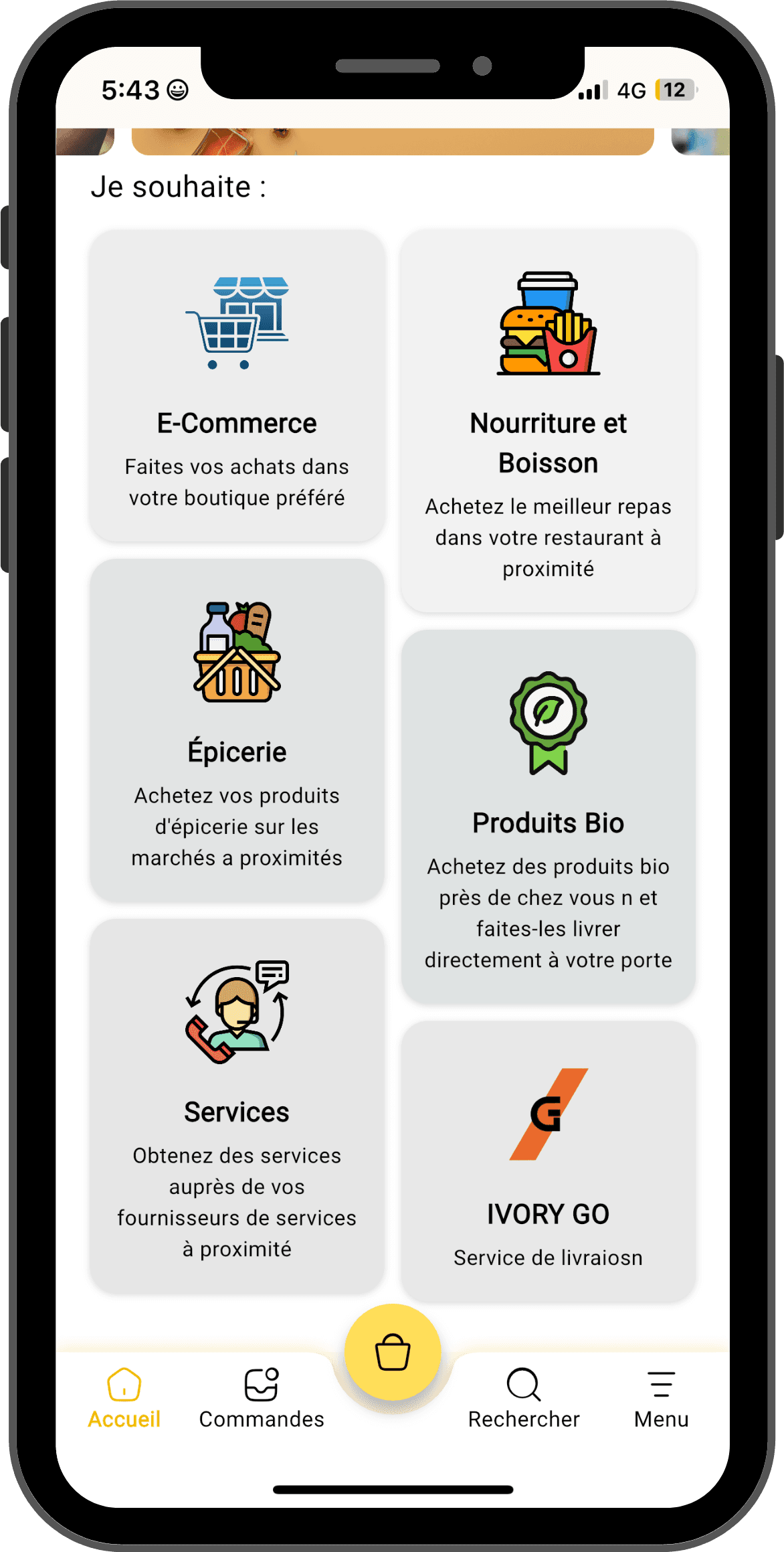 Capture d'écran de la page d'accueil de l'application avec les catégories de services.